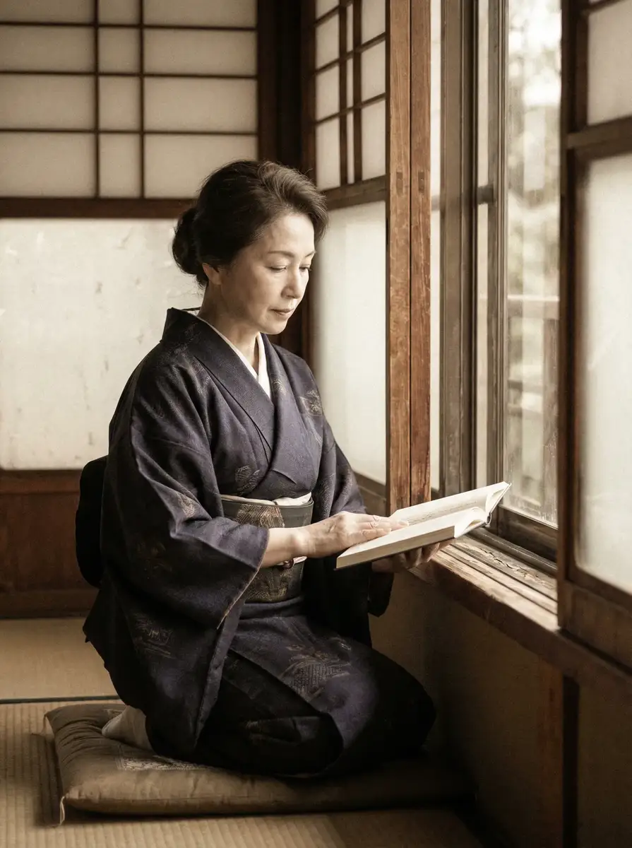 一位优雅的五十岁 草莓樱桃西瓜榴莲通用包装盒 身穿深蓝色和服，在窗边静读